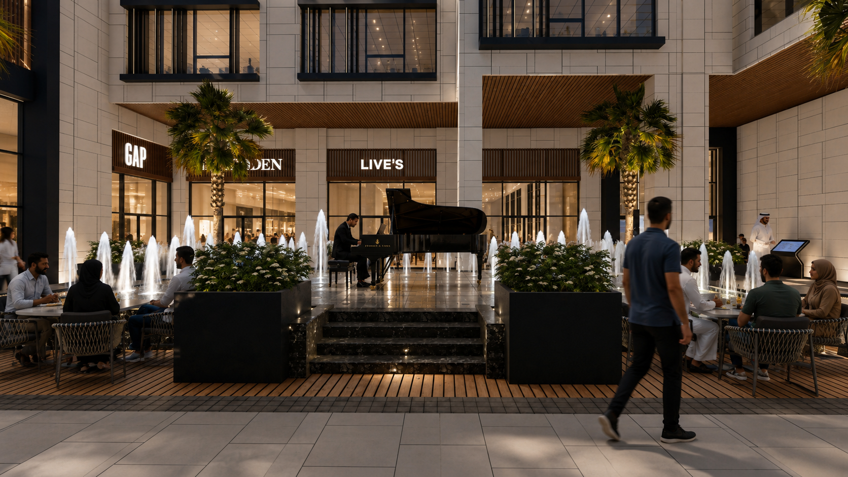 Courtyard piano and water feature