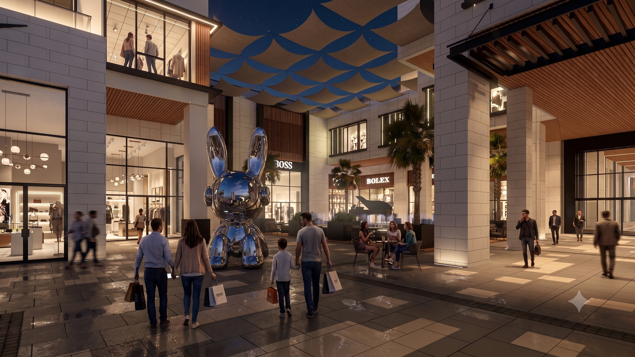 Courtyard sculpture and retail frontage